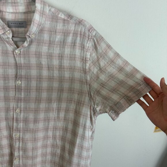 Zara Man Linen Blend Button Down Shirt M Pink Plaid Minimalist Contemporary - Picture 4 of 10